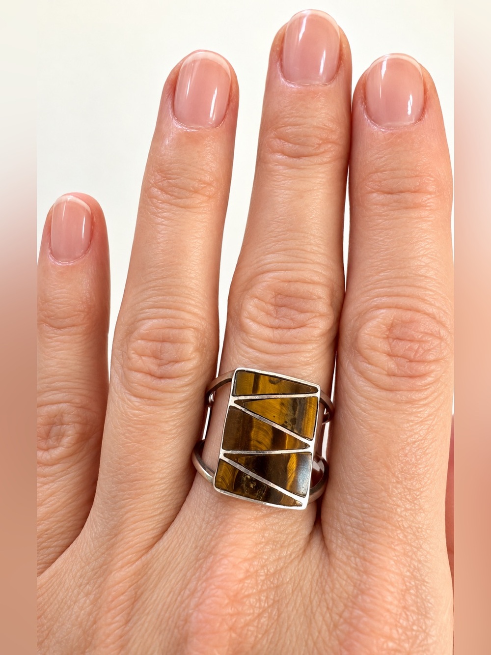 925 Sterling Silver Tiger Eye Inlay Ring Size 7.5